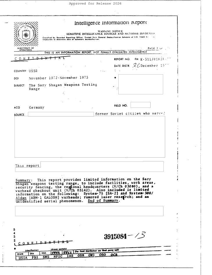CIA-UAP-D001 情報情報報告書、ソ連、1973年