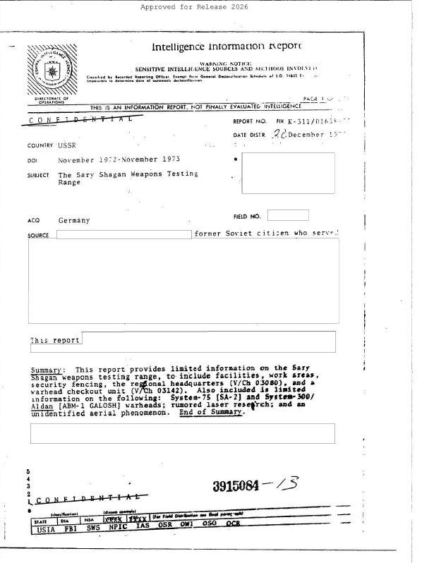 Intelligence Information Report cover page with subject "The Sary Shagan Weapons Testing Range".