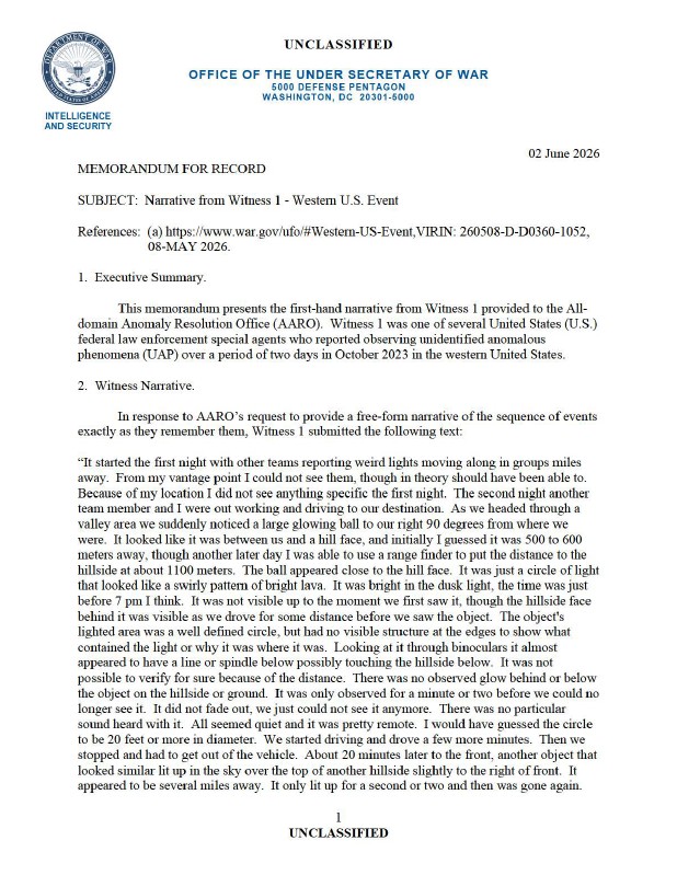 A Department of War memorandum with a witness narrative.