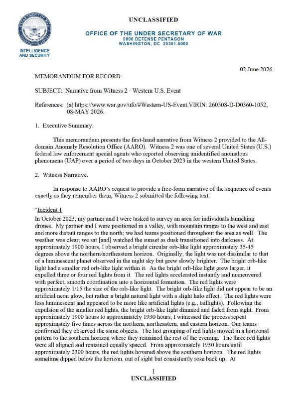 A Department of War memorandum with a witness narrative.