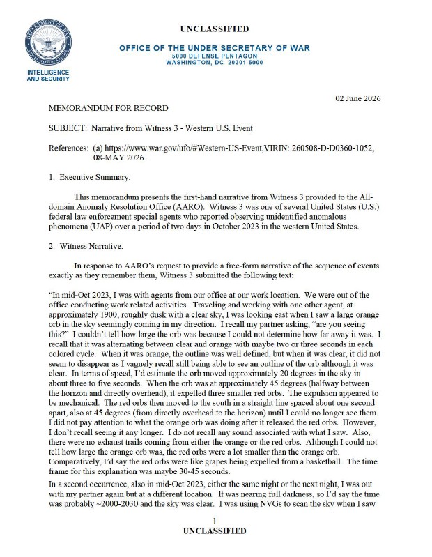 A Department of War memorandum with a witness narrative.