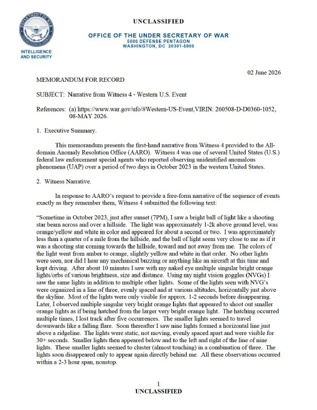 A Department of War memorandum with a witness narrative.