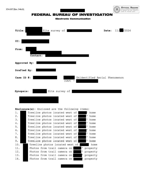 FBI document with redacted text listing photo enclosures.