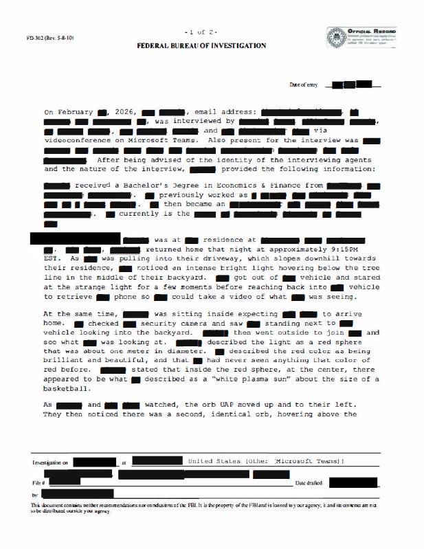 FBI document with redacted text about an orb sighting.