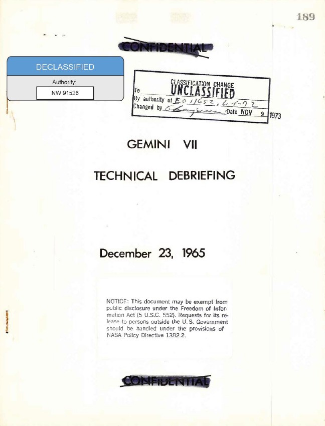 Document titled "GEMINI VII TECHNICAL DEBRIEFING".