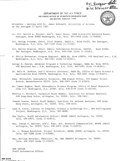 DOW-UAP-D092, Department of the Air Force Committee to Review Project Bluebook, 1966-1967