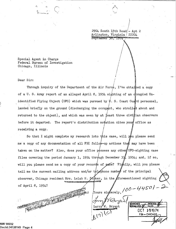 FBI-UAP-D014, Correspondence Relating to UFO Sightings, 1967, 1974