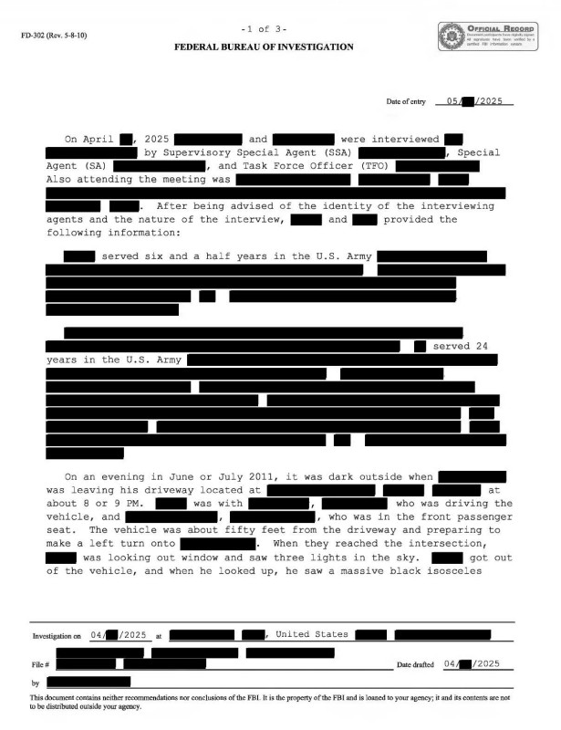 FBI-UAP-D028, FD-302, "Dark Triangle with Lights," 2011