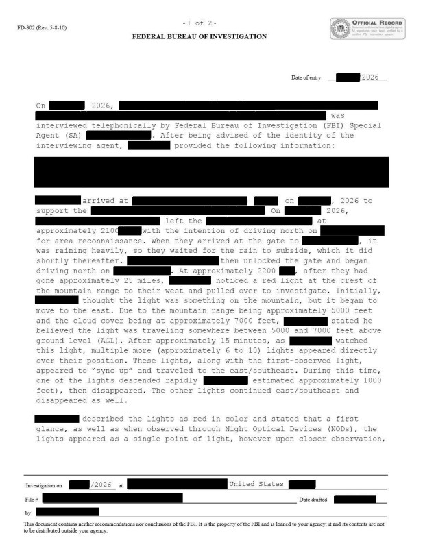 FBI-UAP-D040, FD-302, "Multiple Red Lights," 2026
