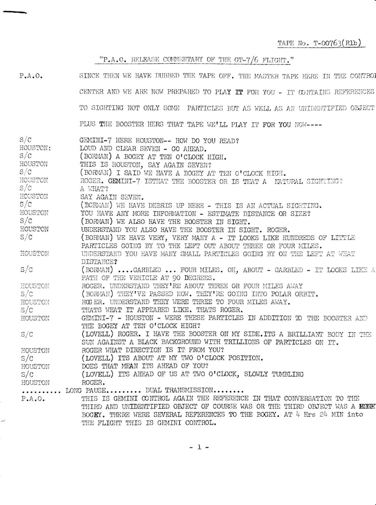 1965年ジェミニ7号のUAP目撃記録 — NASAの公式文書