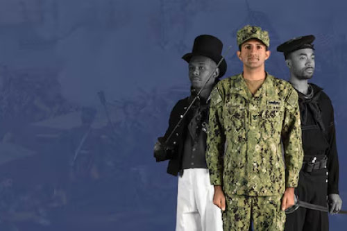 Three sailors wearing uniforms from Navy history are imposed over a painting of a battle.