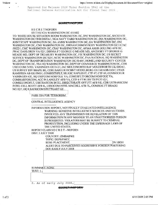 A document with routing information and the topic 'ZIMBABWE'.