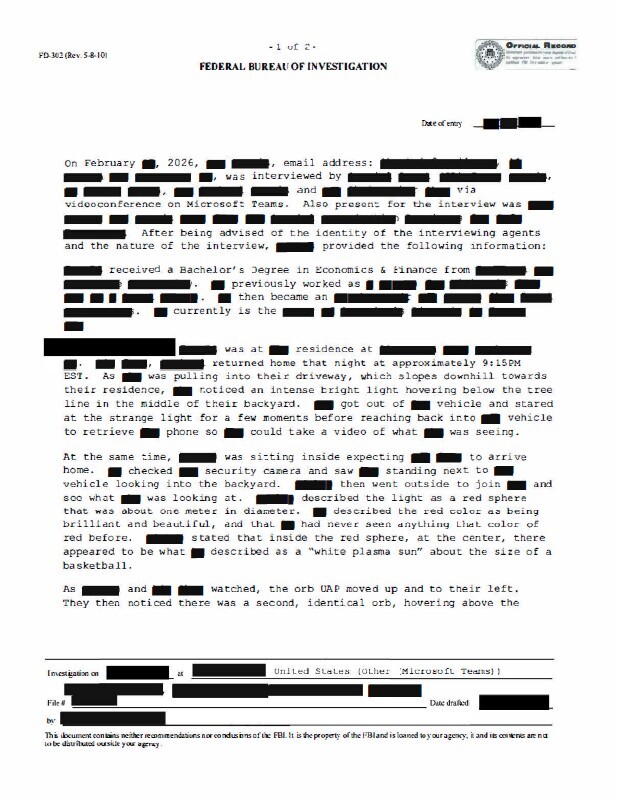 An FBI document with redacted text about an orb sighting.