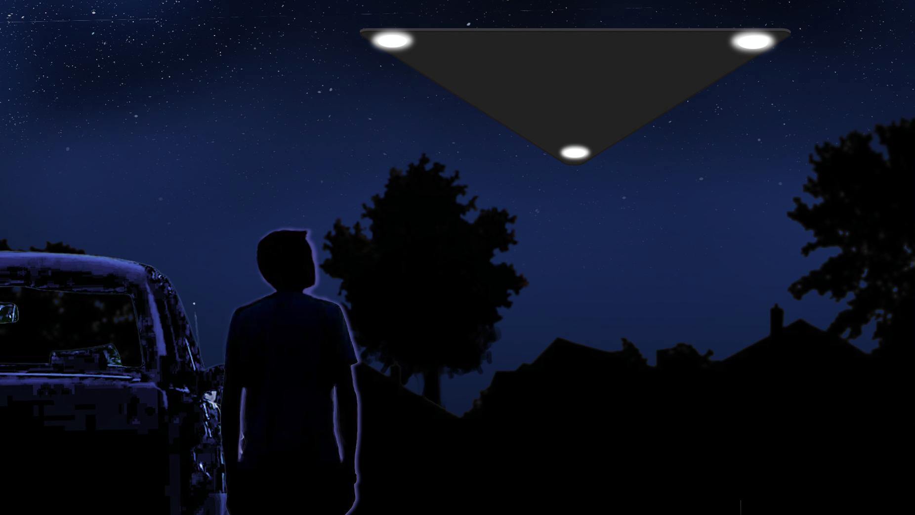 A digital rendering of a person looking up at a dark, triangular object with three lights in the night sky.