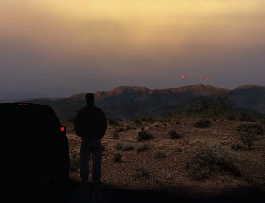 A digital rendering of a person standing next to a vehicle, looking at two red lights in the sky over a mountainous landscape.
