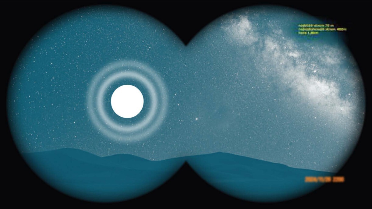 A digital rendering of a night sky with a large, bright object surrounded by concentric circles, viewed through binoculars.