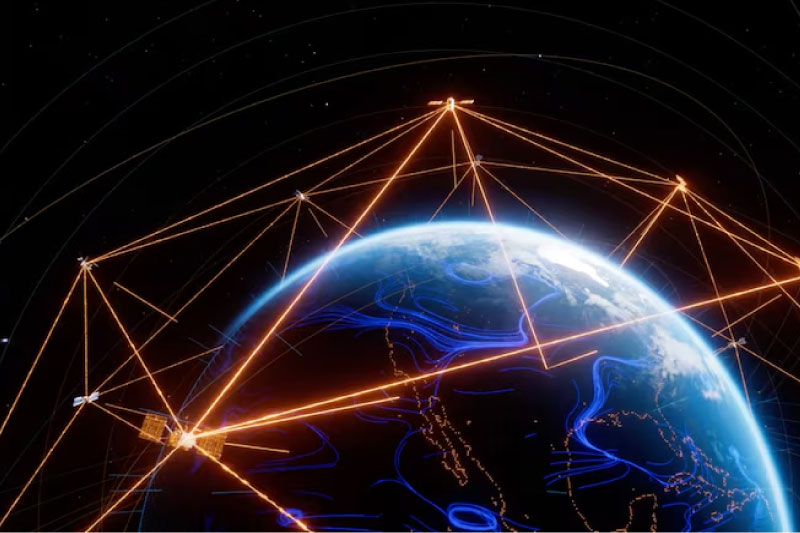 In a graphic, orange beams connect satellites spread around the Earth as seen from space..