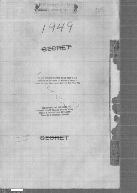 A de-classified secret file cover from the Department of the Army, dated 1949.