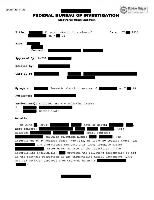An FBI document containing a transcript of an interview used to develop a sketch.
