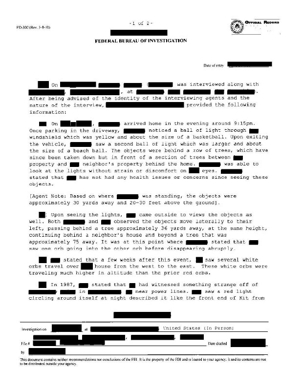 An FBI document with redacted text about a light sighting.